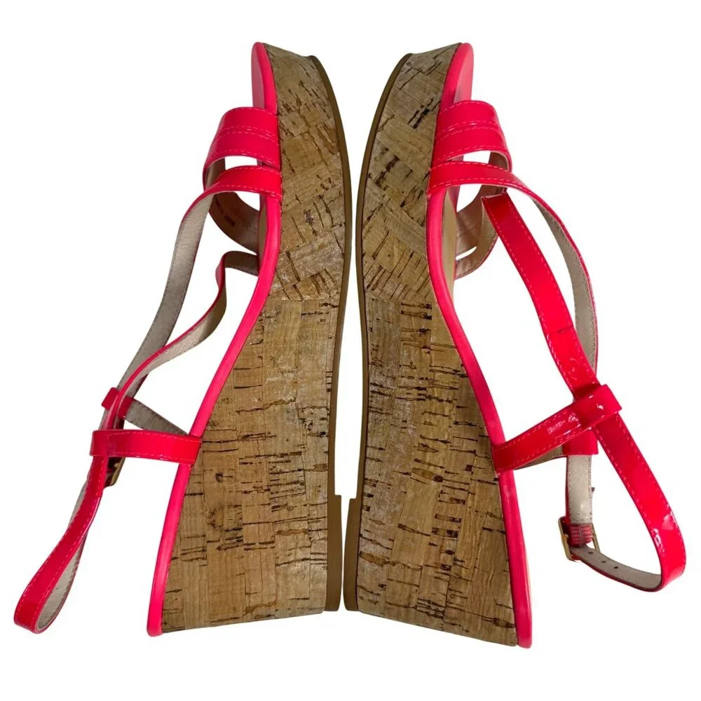 KATE SPADE Hot Pink Patent Cork Wedge Platform Sandal Strappy Heels Size 8
